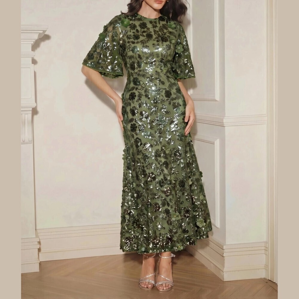 Olive Green Sequin Floral 3D Sequin Applique Flutter Sleeve Maxi Dress